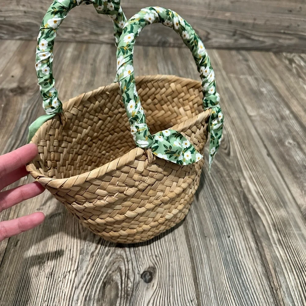 Kayu Green Floral Mini Natalie Woven Straw Tote with Green Scarf-Handle